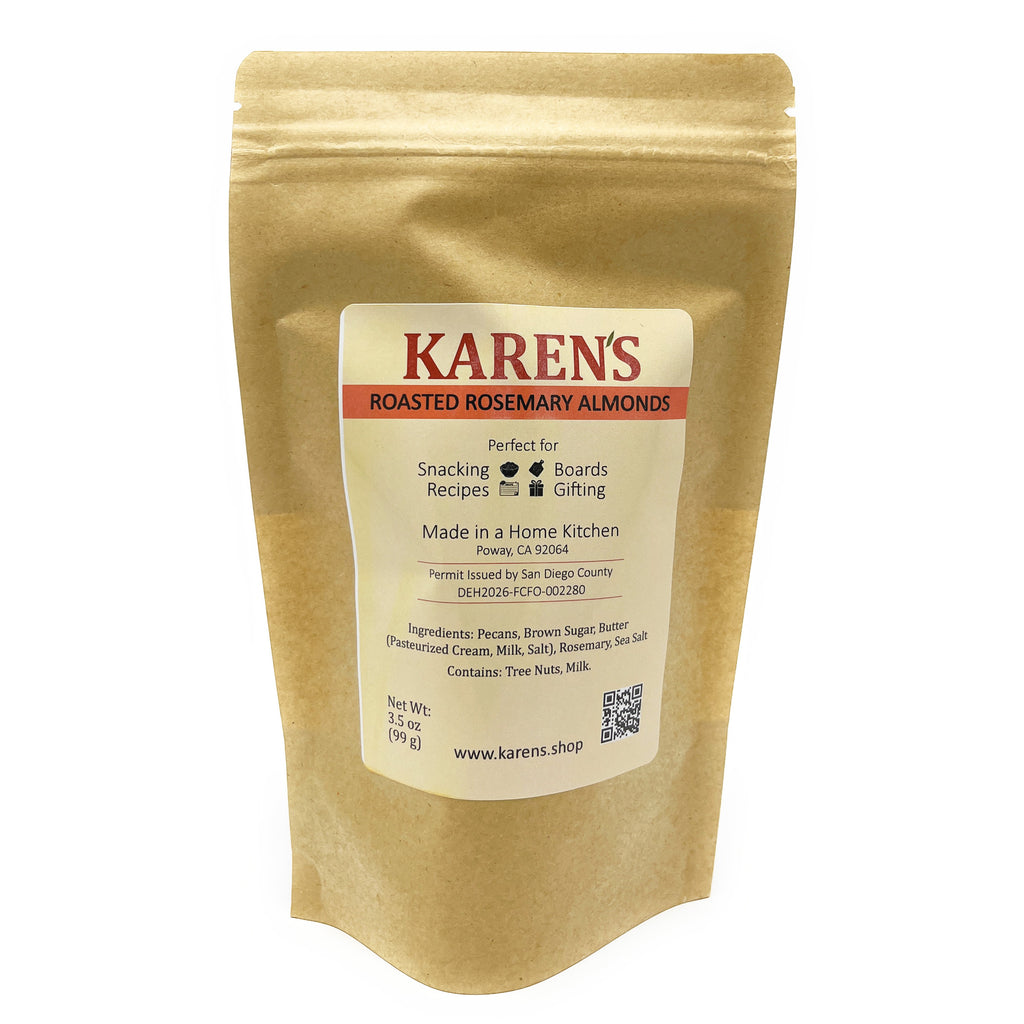 Karen's Roasted Rosemary Almonds packaging on a white background