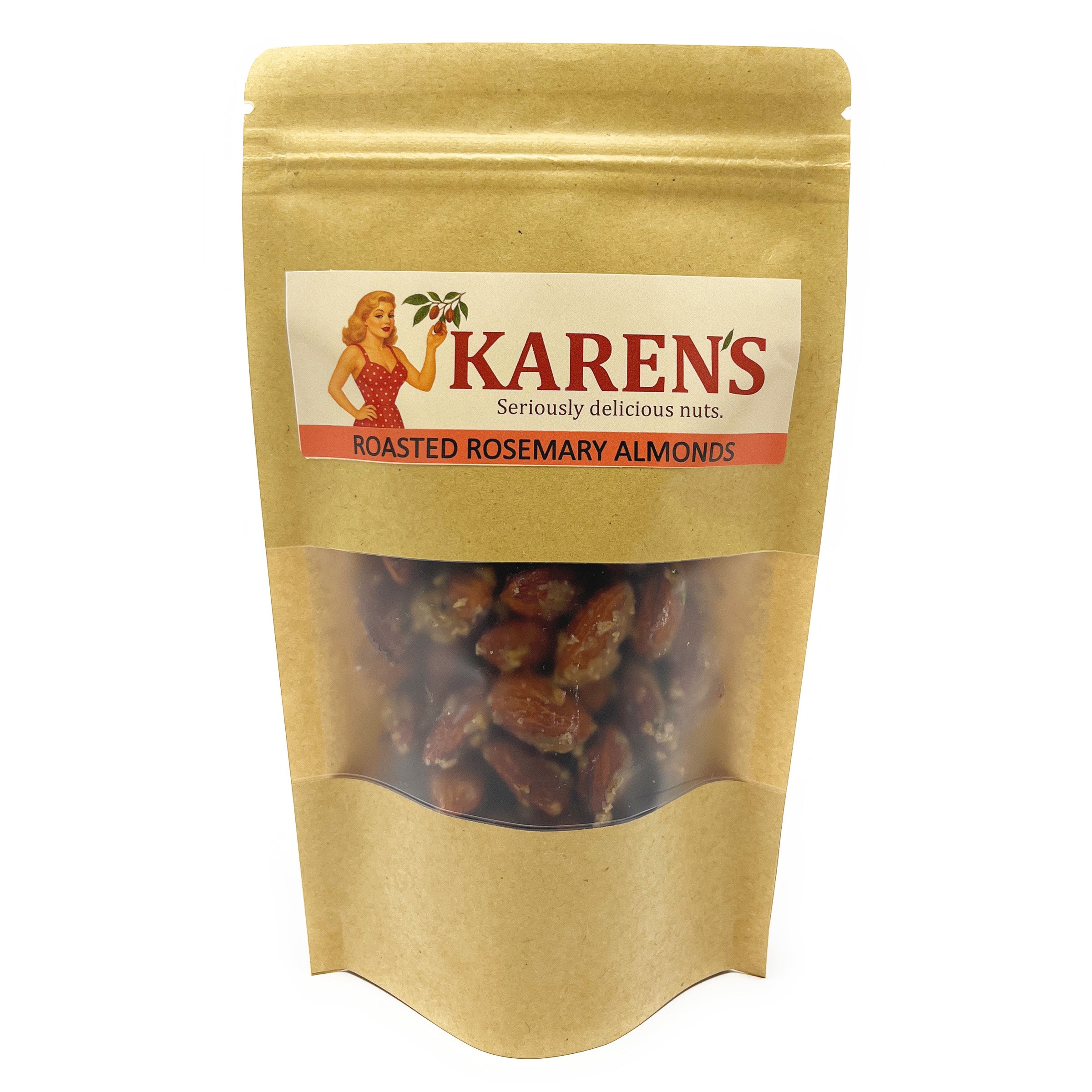Kraft paper packaging of Karen's roasted rosemary almonds on a white background