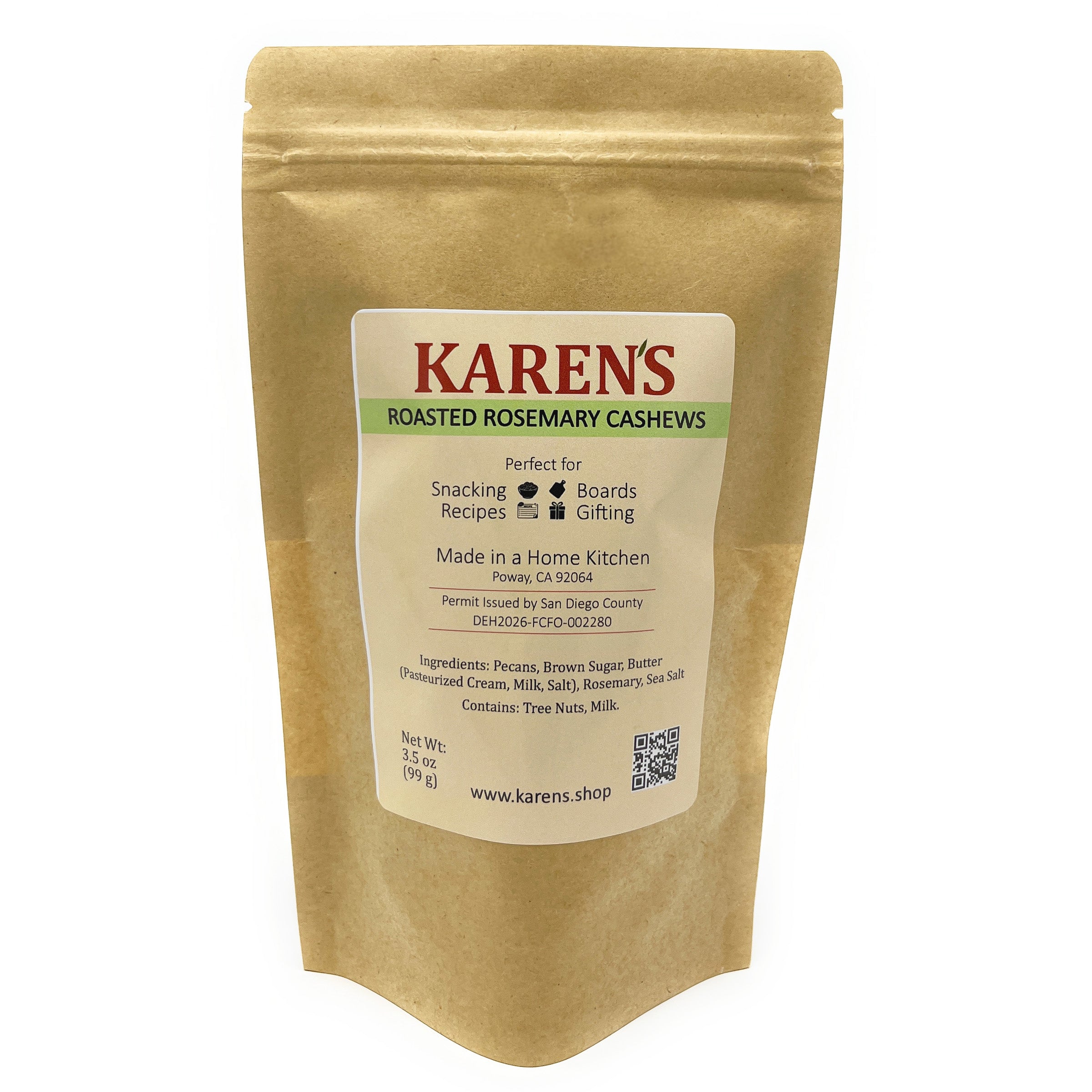 Kraft paper packaging of Karen's Roasted Rosemary Cashews with a label on a white background
