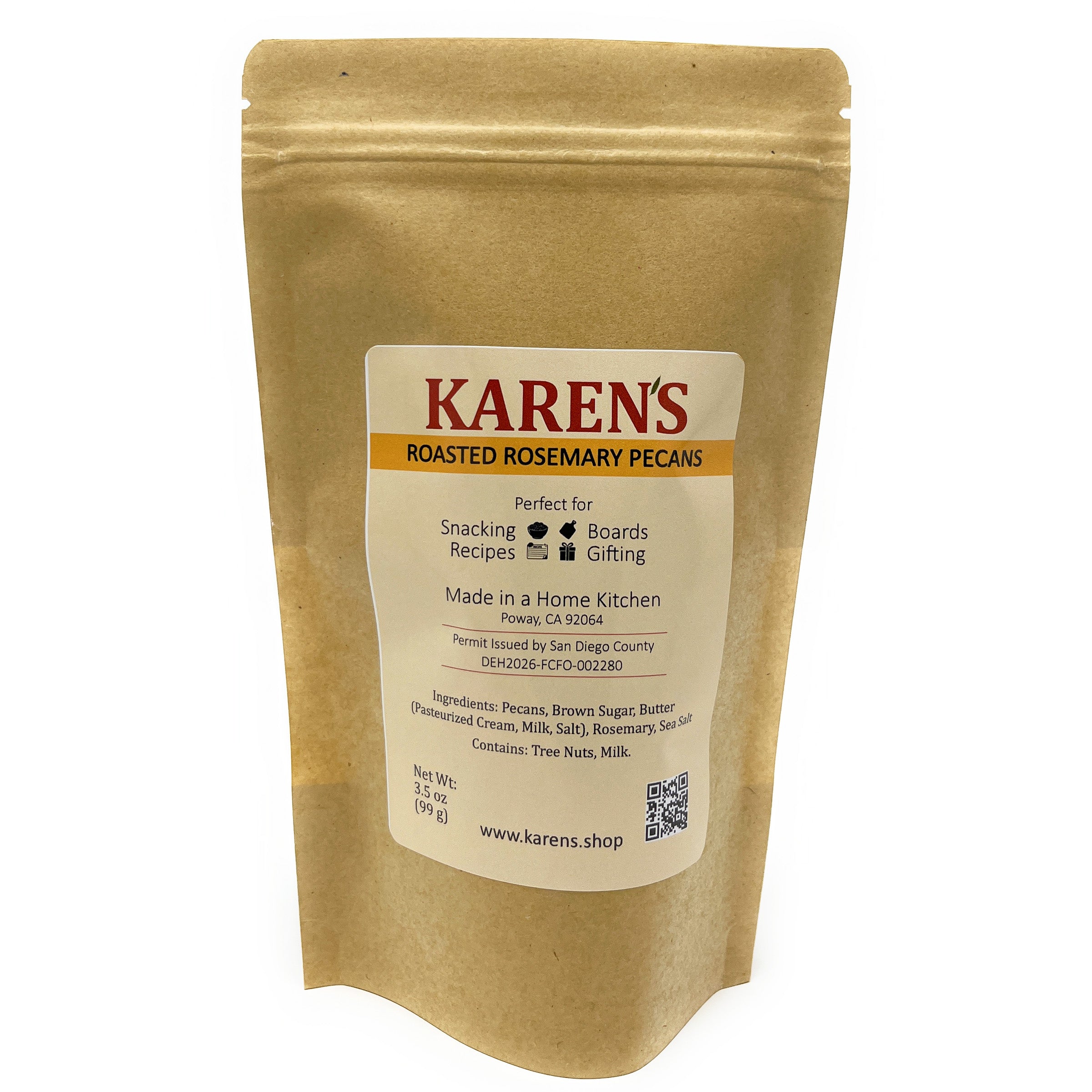 Kraft paper packaging of KARENS Roasted Rosemary Pecans with a label on a white background