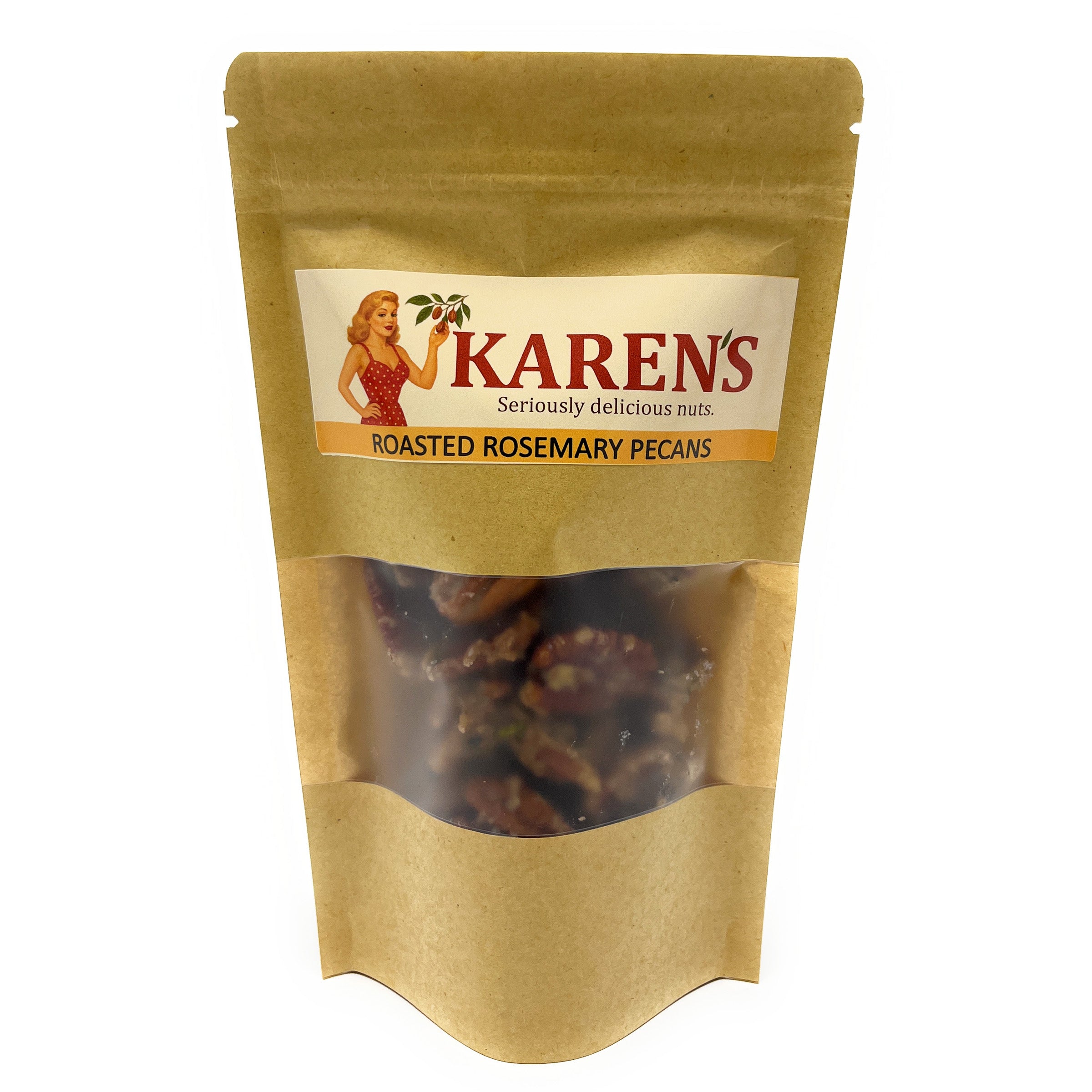 Kraft paper bag of KARENS roasted rosemary pecans on a white background